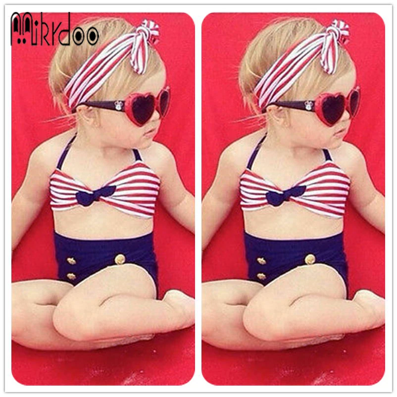 

Mikrdoo Baby girl striped bikini Split bathing wear striped strap top headband black brief bow shorts gold button Age 0-4 years