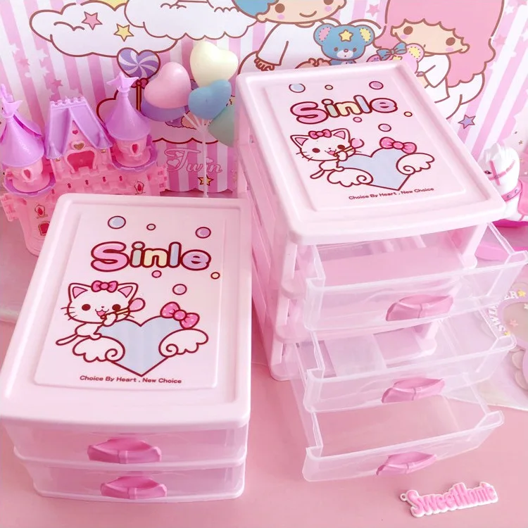 Розовый hello kitty органайзер для хранения, трехслойный ящик для офиса, Рабочий стол, KT Cat, коробка для хранения, пластиковая корзина, контейнер для макияжа, ювелирная коробка