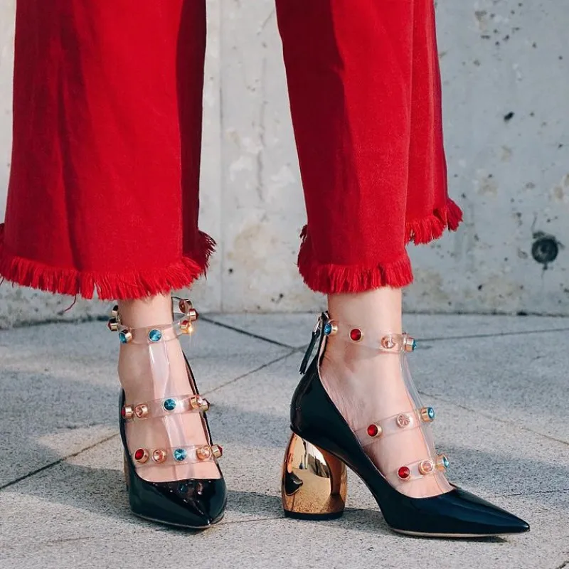 

2019 Spring High-heeled Pointed Patent Leather Rhinestone Black Gray Wine red Women's Shoes Bandage Single shoes Female
