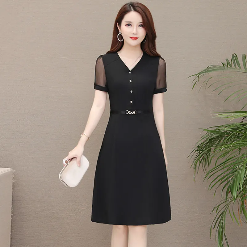 

M-5XL New Women Chiffon Dress Summer 2019 Fashion Elegant Buttons Sashes V-neck Short-sleeve Slim Dress Long Dresses Female