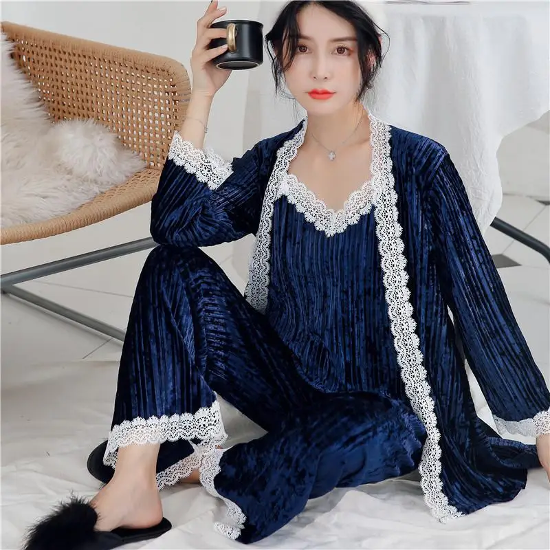 Дамский кружевной лоскутный пижамный комплект из 3 предметов, бархатная ночная рубашка с подвязками, Женское зимнее плотное велюровое кимоно, халат, ночная рубашка, M-XL - Цвет: Navy Blue