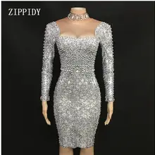 Блестящее серое платье с жемчугом, стразы, модное обтягивающее платье с длинными рукавами для выпускного вечера, обнаженное стрейчевое платье для певицы, платья для празднования дня рождения