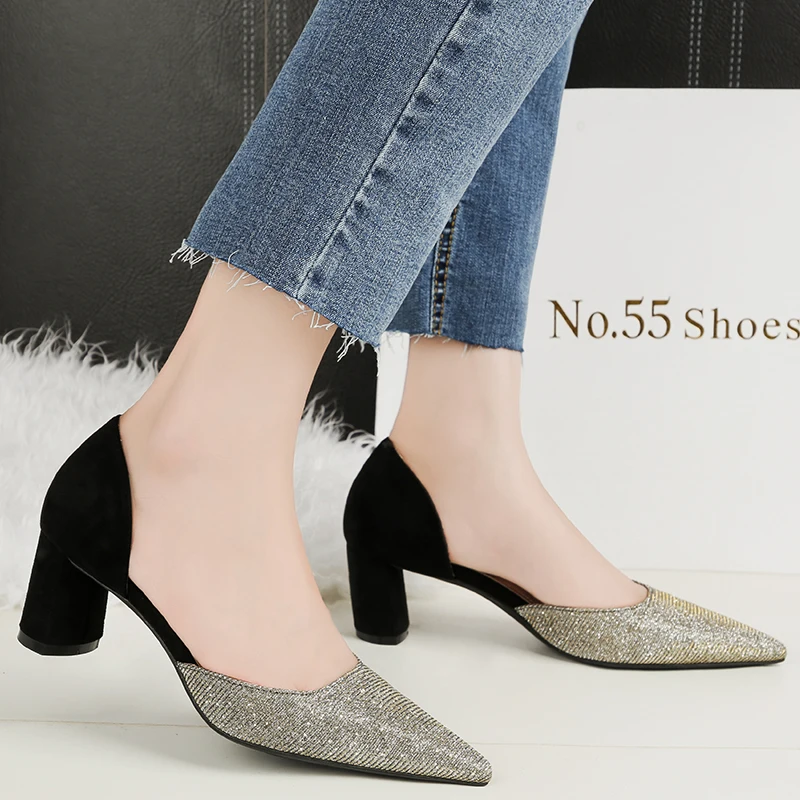 

Summer Bling Pointed toe Pumps Mixed color heels Slip on Sandals Shallow Slides Two piece Shoes Woman Black red gold Bronze pink