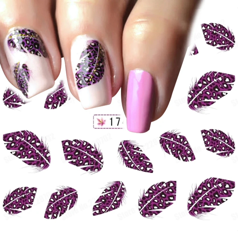 

(Min. Order 3 usd) Purple Leopard Feathers Nail Art Decals Water Slide Transfer Decals DIY Feather Watermark Nail Decals Sticker