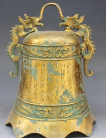 

JP S0099 Tibet Buddhism Temple Bronze Gilt Two Dragon Dragons Clock Minutes Zhong Statue B0403