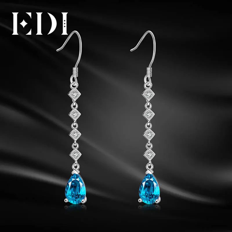 

EDI 2017 Woman 925 Sterling Silver Earring Blue Natural Topaz Gemstone Long Chain Water Drop Earrings For Women Fine Jewelry