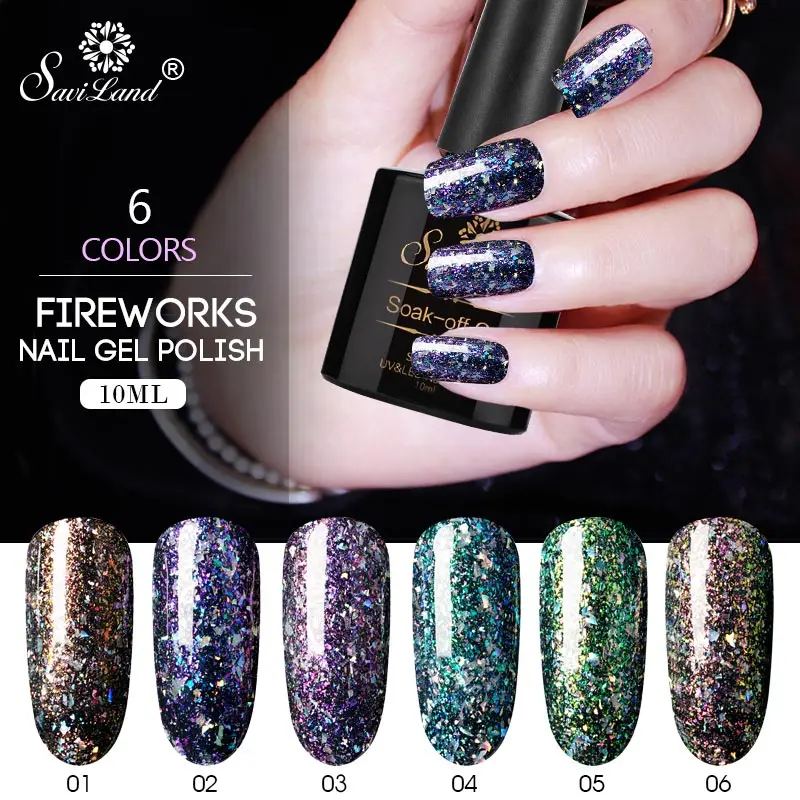 

Saviland Glitter Fireworks Chameleon Gel Nail Polish Shimmer Soak Off Nail Art UV Gel Lacquer Hybrid Use with Black Gel Varnish