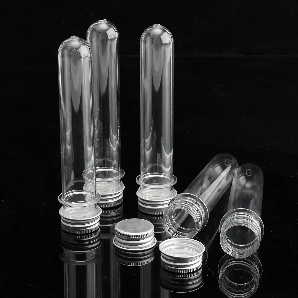 

New Plastic Lab Test Tubes with Metal Caps Stoppers Screw Top Lid Round Bottom, 5 Pcs