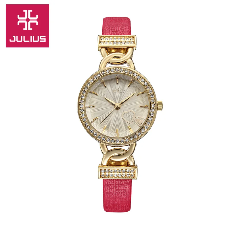 Julius New Lady Woman Wrist Watch Quartz Hours Best Fashion Dress Heart Bracelet Leather Rhinestone Girl