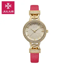 Julius New Lady Woman Wrist Watch Quartz Hours Best Fashion Dress Heart Bracelet Leather Rhinestone Girl