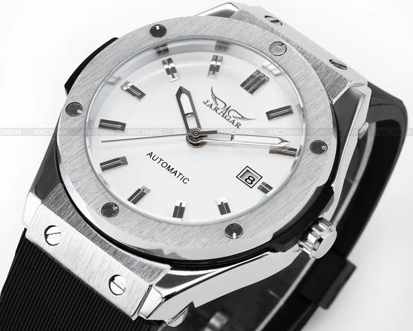 Аналоговые автоматические механические силиконовые спортивные мужские часы с датой, серебристый чехол из нержавеющей стали от бренда JARAGAR