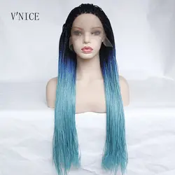 V'NICE натуральный длинные темные корни Ombre Синий парик кос термостойкие волокна синтетические Синтетические волосы на кружеве кос плетеная
