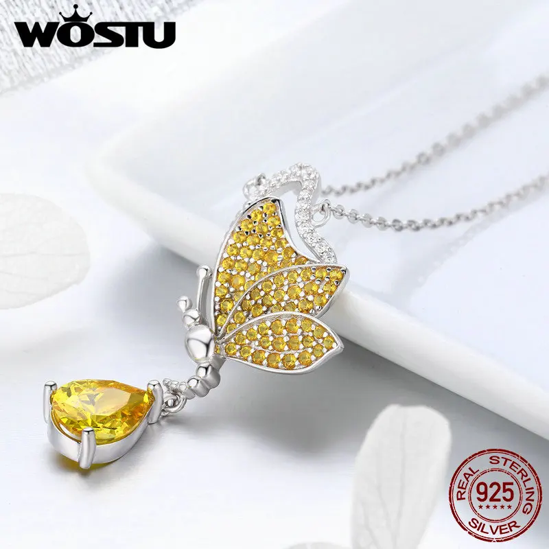 WOSTU, романтическая новинка, 925 пробы, серебряная Танцующая бабочка, желтая CZ подвеска, ожерелье для женщин 925, ювелирное изделие, модный подарок FIN241