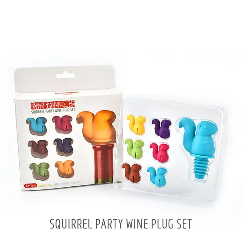 

1PC Squirrel Wine Stopper with 6PCS Wine Glass Markers Cup Recognizer Labels Silicone Bottle Stopper Set Party Bar Accessories B