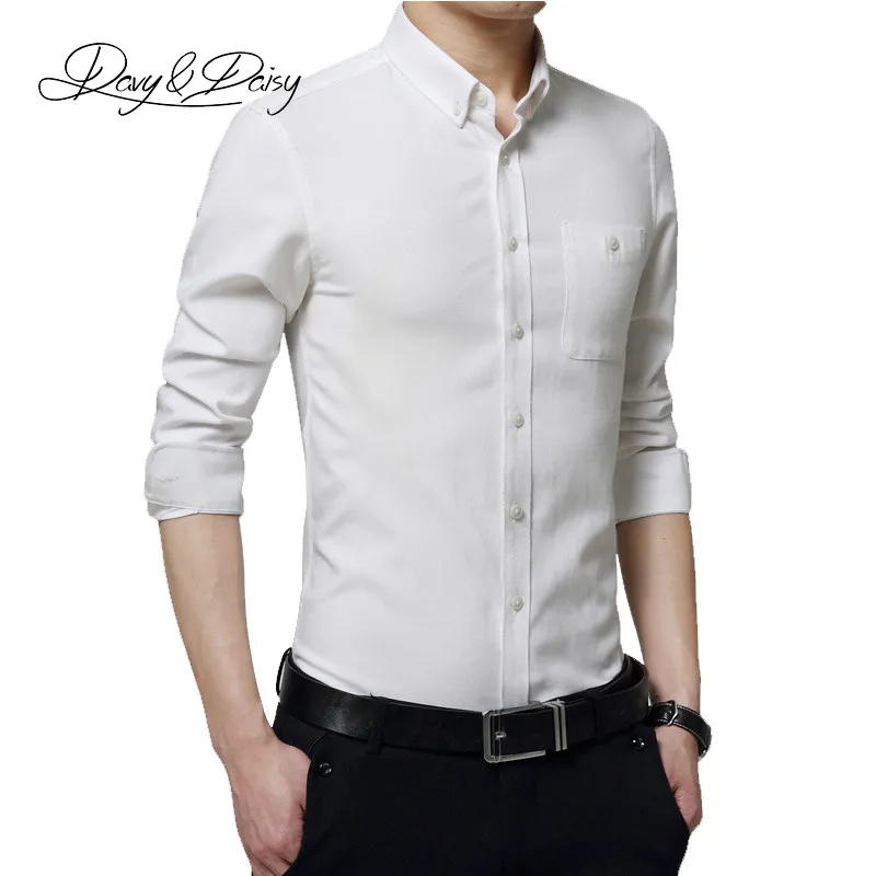 DAVYDAISY Мужская рубашка высокого качества с длинными рукавами однотонная приталенная Мужская официальная рубашка брендовая одежда деловая рубашка мужская DS055 - Цвет: White