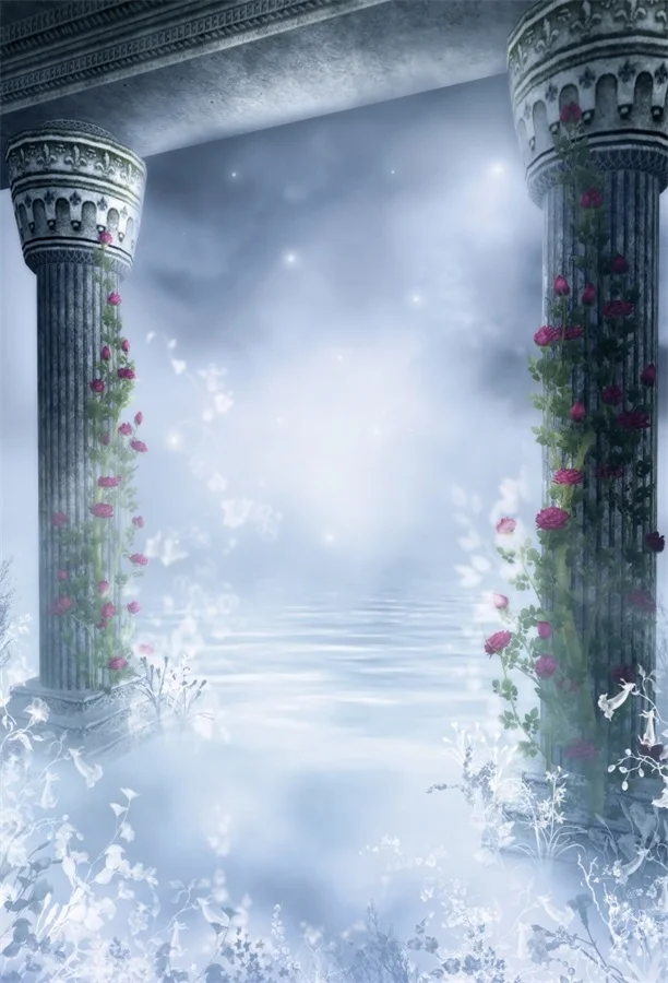Фон для фотосъемки Laeacco Hazy Starry Water Palace с цветами и колоннами настраиваемый фон