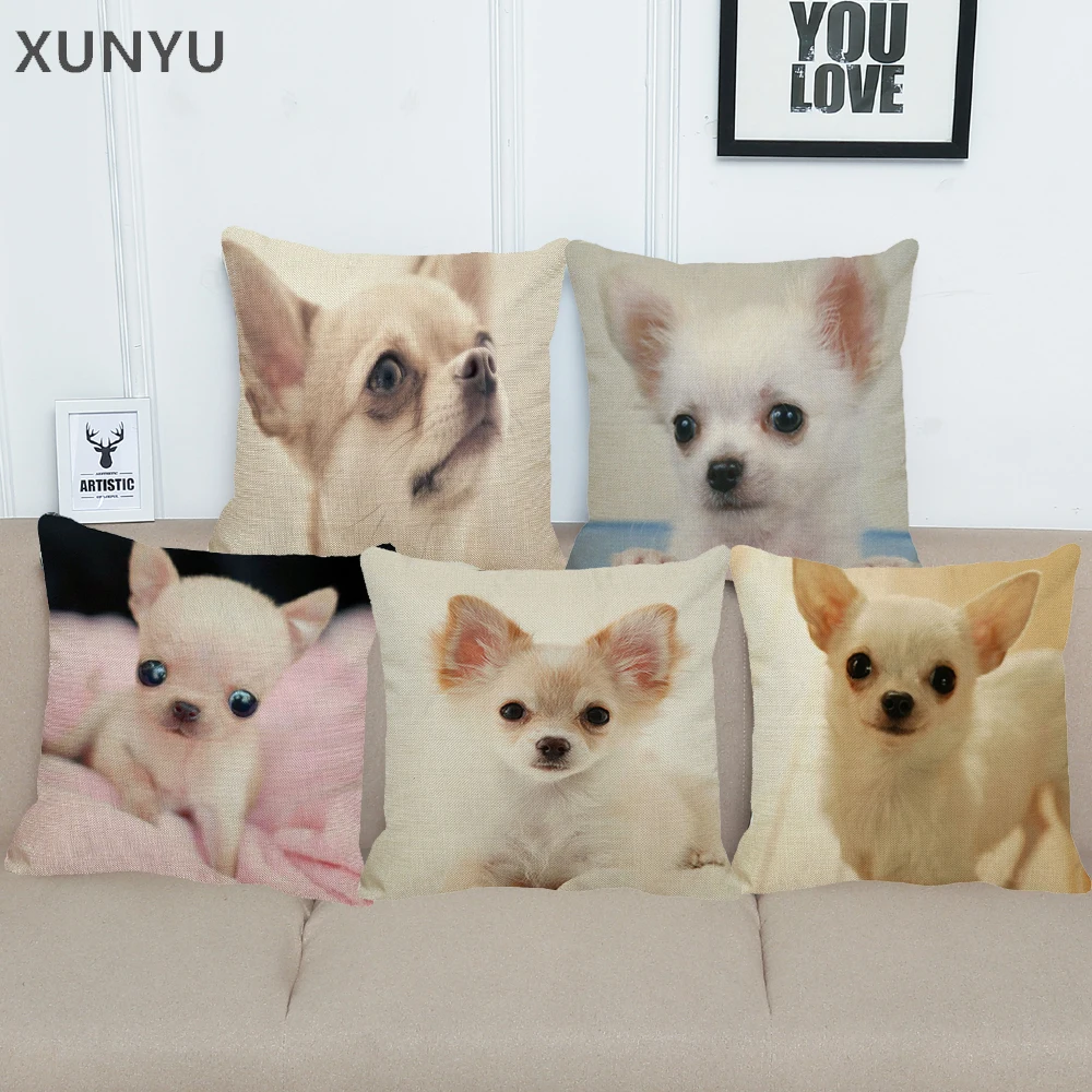 

XUNYU Cute Pet Dog Chihuahua Pattern Linen Pillow Case Cushion Cover Home Sofa Square Pillow Cover 45x45cm BZ167