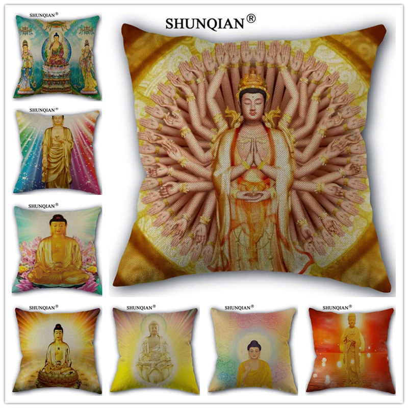 Wz51617 Chinese Ancient Buddha Pillowcase Linen Pillow Cover 45x45cm