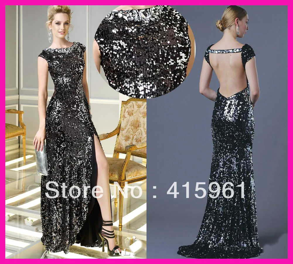 

2014 Sexy Black Cap Sleeve Backless Sequins Column Women Formal Evening Dresses Gowns E4583