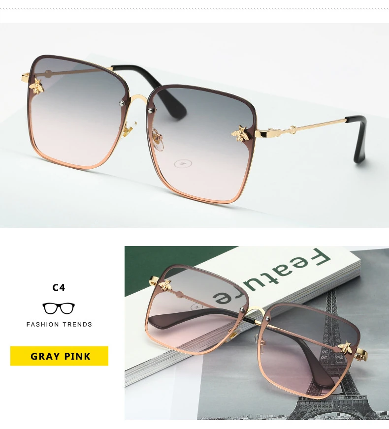 2021 New Fashion Lady Oversize Rimless Square Bee Sunglasses Women Men Small Bee Glasses Gradient Sun Glasses Female UV400