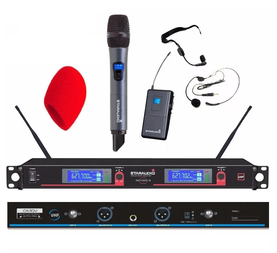 STARAUDIO 2X100CH Professionele UHF Wireless Handheld & Headset Microfoon Systeem Mic SMU-0204A + B