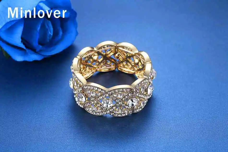 Minlover Gold Color Crystal Big Bangles for Women Luxury Flower Rhinestone Bridal Bracelet Wedding Jewelry Accessories SL053