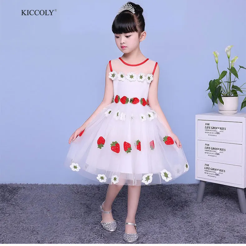 

KICCOLY Girls Dresses 2018 New Brand Princess Kids Clothes Strawberry Sleeveless White Tulle Party Dress Girls Clothes For 2-10T