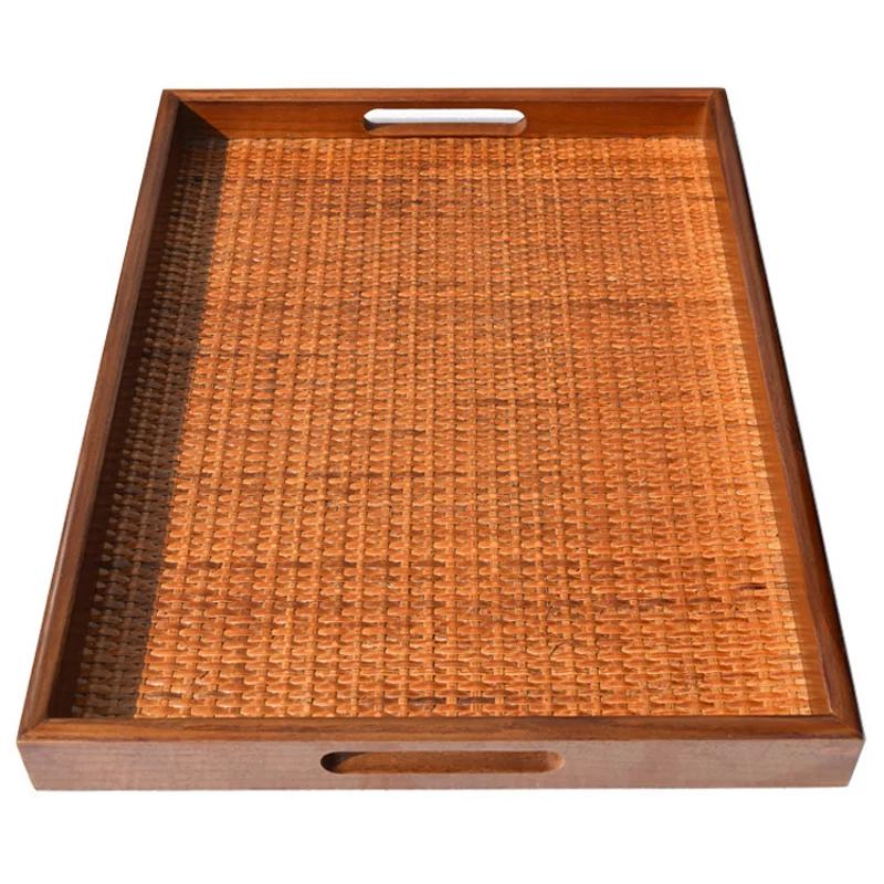 

40*30*3.5 CM Chinese Style Wooden And Rattan With Handhold Food Tray Hand-Made Natural Wood Tea Food Plate Dish Dinner Plate
