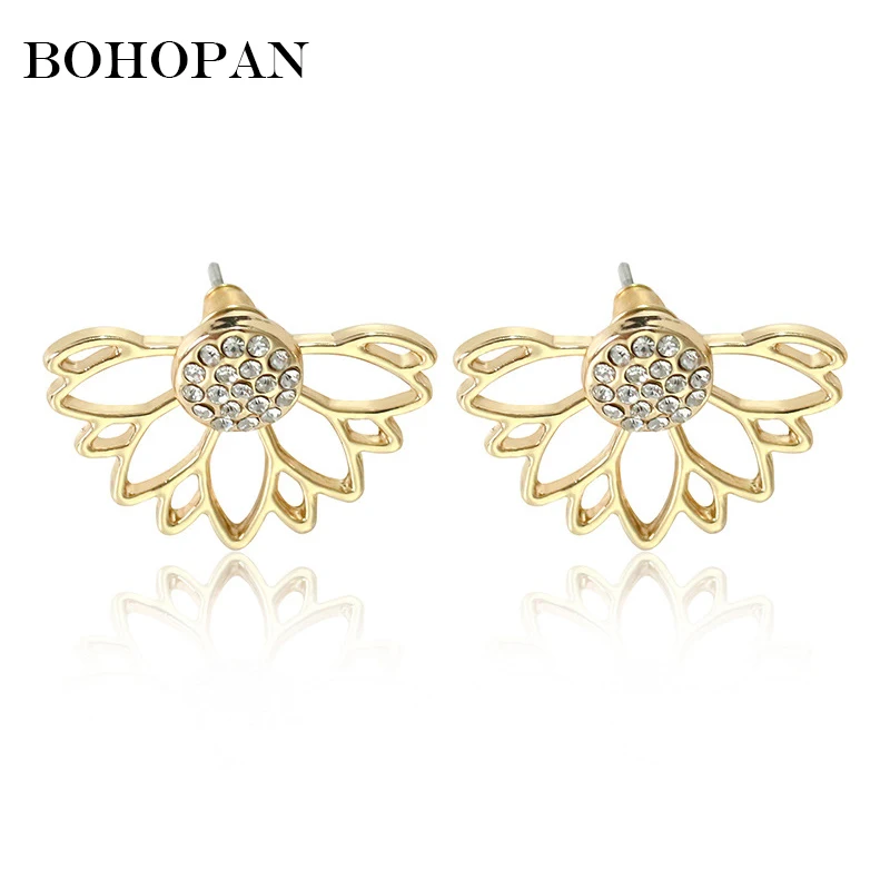 

Crystal Flower Stud Earrings For Women Hollow Leaf Fringe fashion Jewelry gold sliver Simple design Rhinestones Pearl Earring