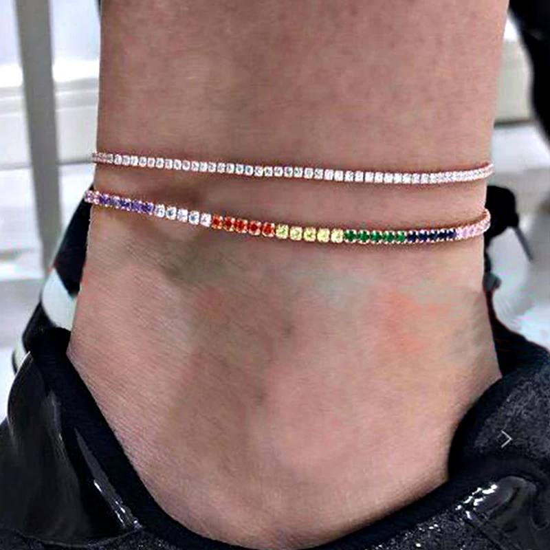 

2 Pcs/ Set Classic Simple Inlay Color Crystal Gem Square Chain Geometric Gold Anklet Set Women Fashion Clothing Jewelry Gift