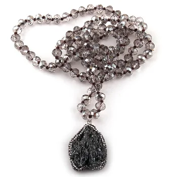 

Fashion Bohemian Tribal Jewelry Gray Crystal knotted Halsband 5X8 Glass Crystal Natural Irregular Stone Charm Pendant Necklace