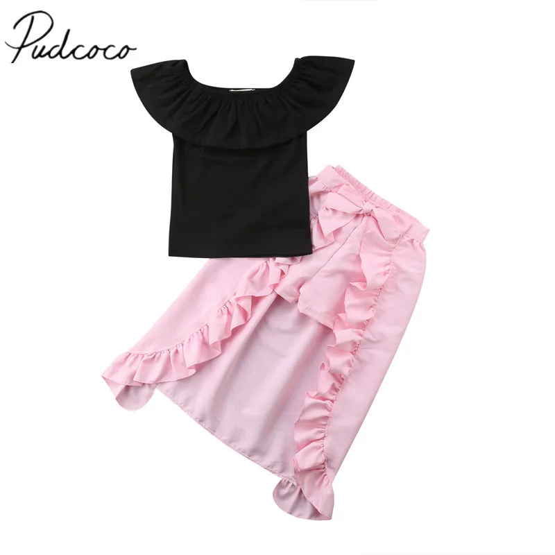 

2018 Brand New Summer Toddler Baby Girl Clothes Sets 3PCS Off Shoulder Ruffles Solid T-Shirts TopPink Skirt Shorts 3Pcs Set 1-5T
