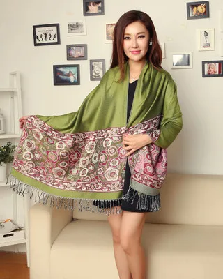 CoolCheer женский элегантный этнический стиль шарф осень зима Ретро богемный шарф шаль удлиненный двойной воротник - Цвет: Green