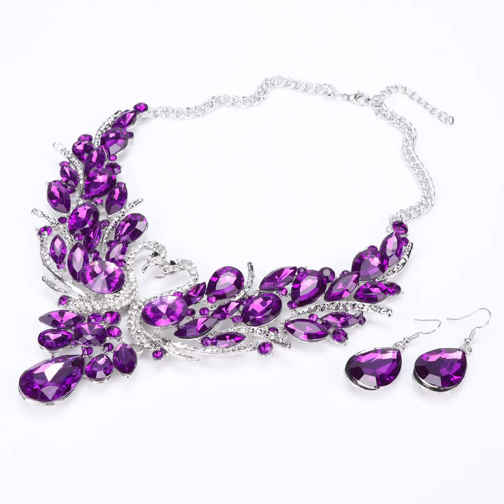 Кристалл Свадебные Ювелирные наборы золотой лебедь кулон ожерелье для женщин подарок вечерние на свадьбу Выпускной ожерелье серьги аксессуары - Окраска металла: Purple Silver