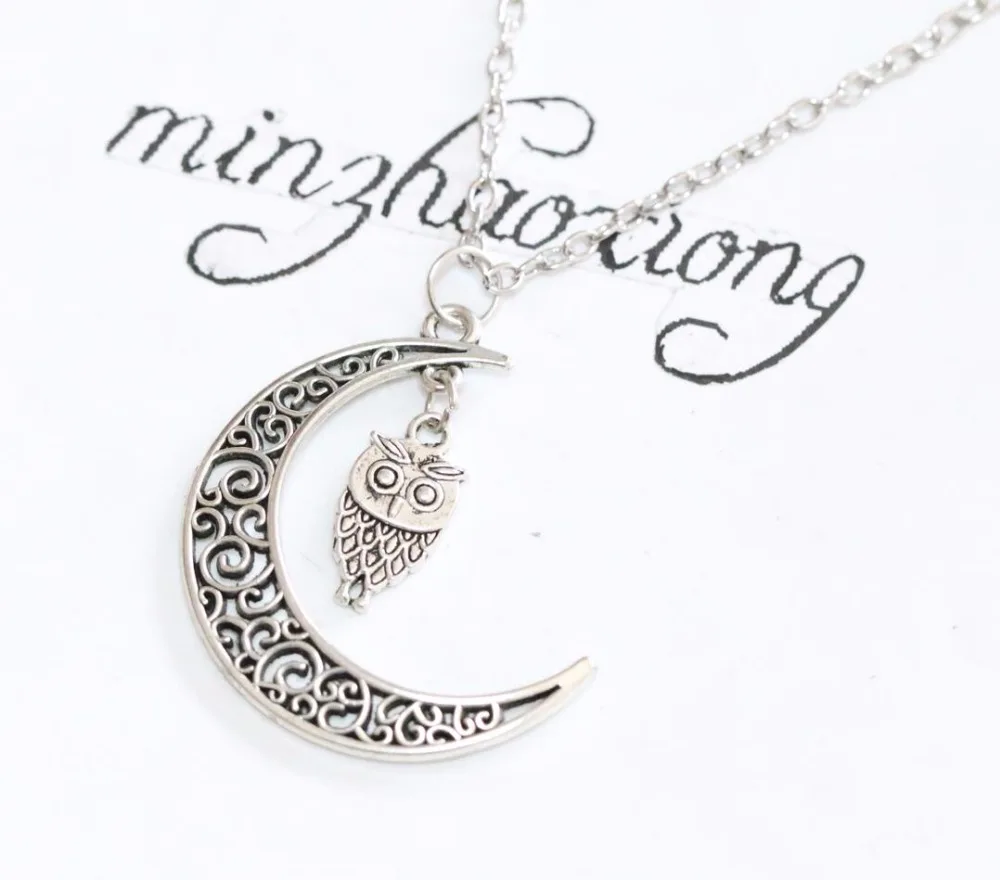

Vintage Charms Fashion Antique Silver Alloy Crescent Moon Owl Pendant Chain Necklace Jewelry (10 pcs)