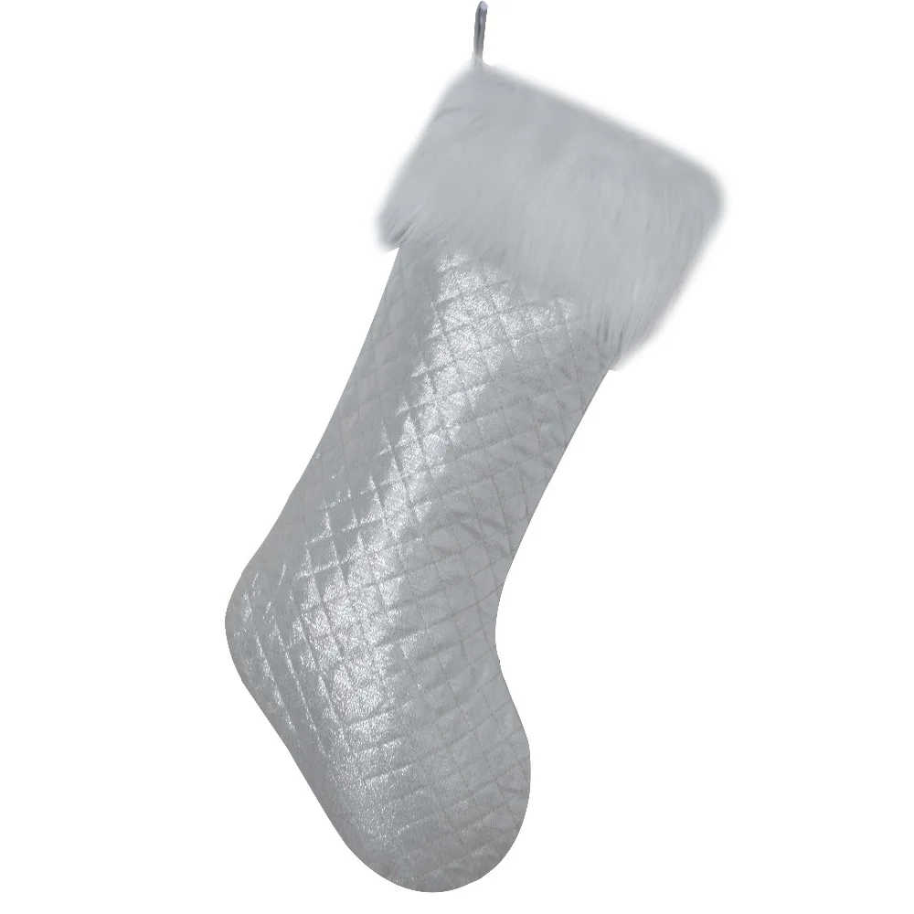 

Free Shipping Silvery Sparkle Diamond Quilted with faux fur Cuff Christmas stocking fashionable socks 10"x19"