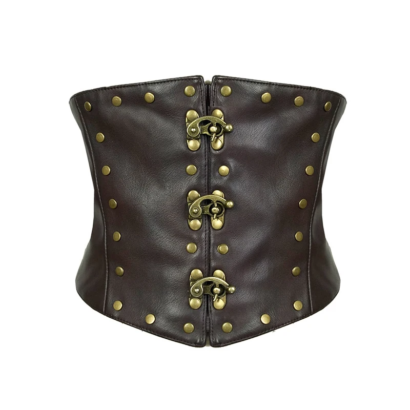 Vintage PU Leather Bronze Rivet Steampunk Corset Waist Cincher for