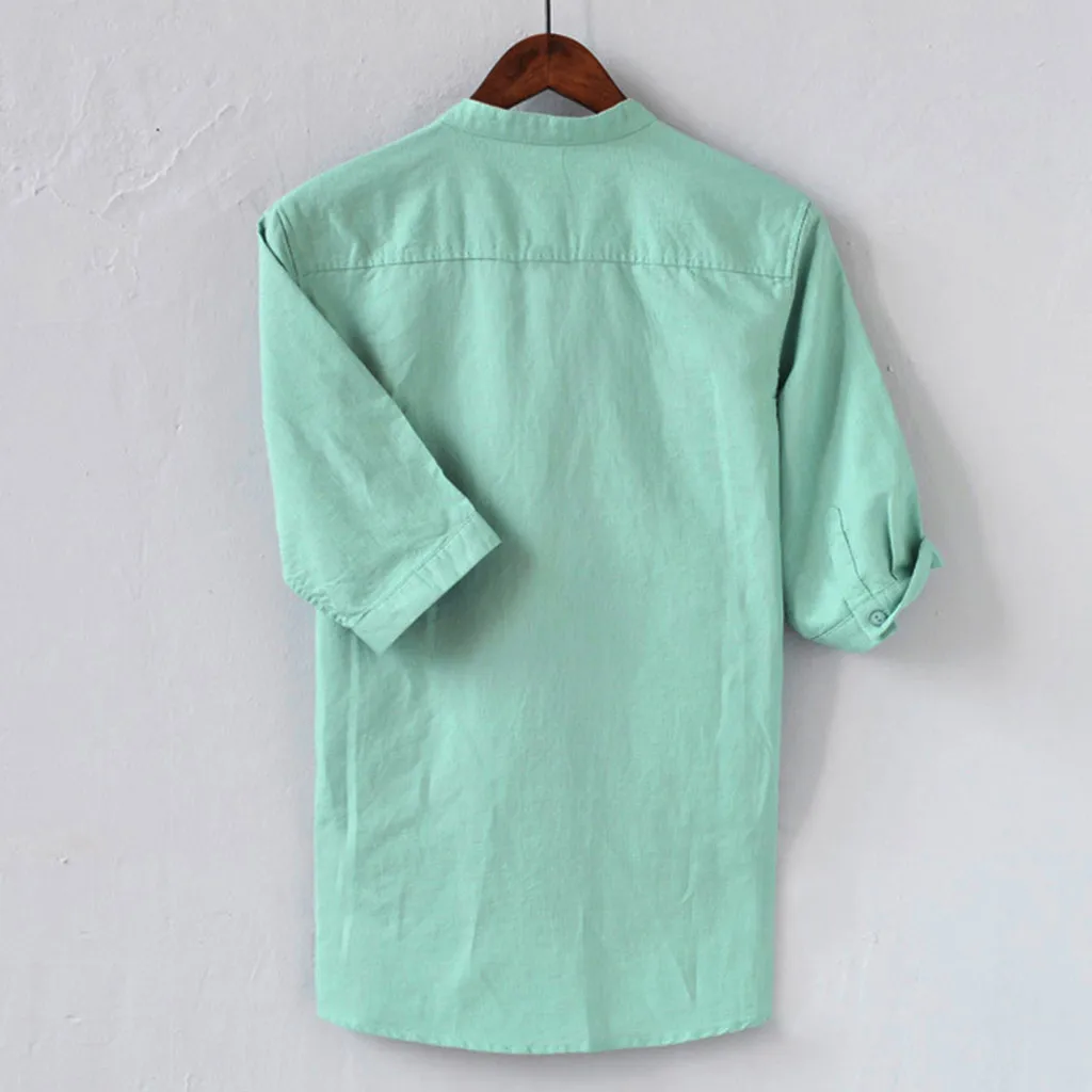 Летняя Мужская льняная Простая Повседневная дышащая хлопковая рубашка сплошного цвета с кнопками рубашка с рукавами «пять точек» camisa masculina 50
