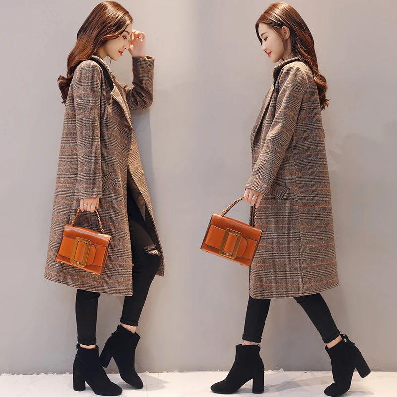 Femmes Haute Hiver Taille Nouvelles À Longues Carreaux Automne Grande Mode Manches Laine De Odfvebx Coffee fin Long Manteau Moyen Veste Femme 6EXqnxwdx