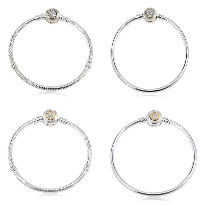 

100% 925 Sterling Silver Moments Two Tone With Signature Clasp Clear CZ Snake Chain Bracelet Fit Pan Bangle DIY Jewelry