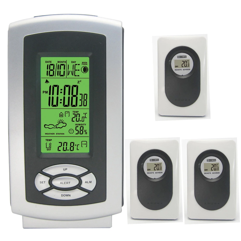 

DYKIE RF Wireless Weather Station with Backlight Digital Indoor Outdoor Temperature Humidity Alarm Clock 3 Remote Transmitters