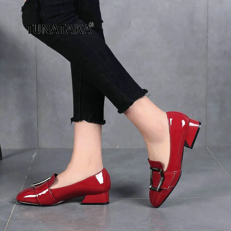 

Patent Leather Shoes Female Retro Thick Mid Heel Shoes Women Pumps Fashion Square Toe Casual Shoes Woman Plus Size Red Black