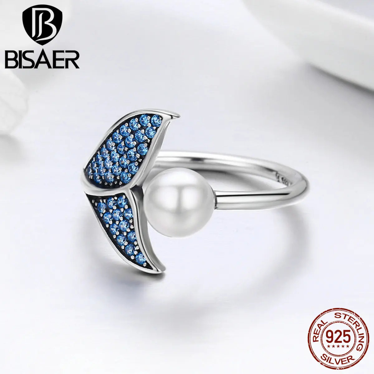 BISAER,, 925 пробы, серебряные, женские, хвост русалки, регулируемые кольца на палец для женщин, свадебные, Обручальные, ювелирные изделия, S925 GXR286