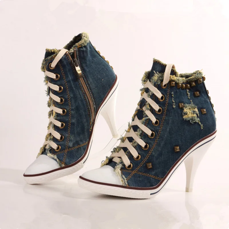 

Vintage Dark Blue Women Short Boots Fashion Denim Studded Ankle Booties Lace Up High Heels Ladies Botas Mujer Rivets Zapatiilas