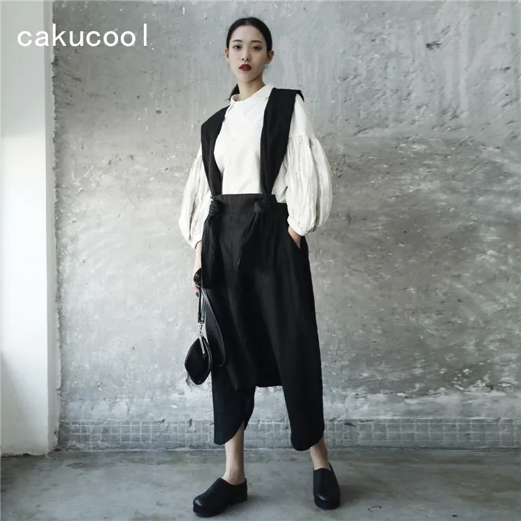 

Cakucool New Ramie Black Rompers Women Japanese Gothic Design Loose Braces Trousers Casual Harem Pants Capris Femme Plus Size