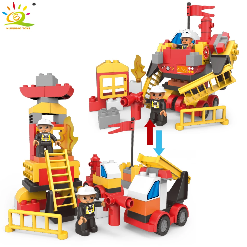 

63pcs City Fire Station Truck Deformation Robot Building Blocks Legoing Duplo Firefighter Big Bricks Creative Toys