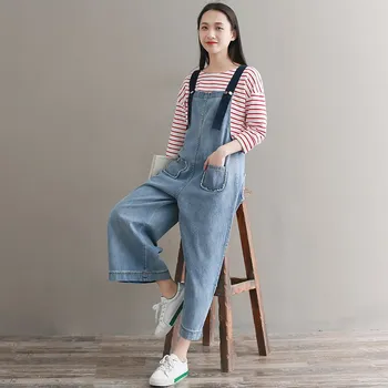 

2018 Autumn New Blue Women Wide Leg Denim Jumpsuits High Quality Casual Loose Overalls Fashion Straps Long Rompers