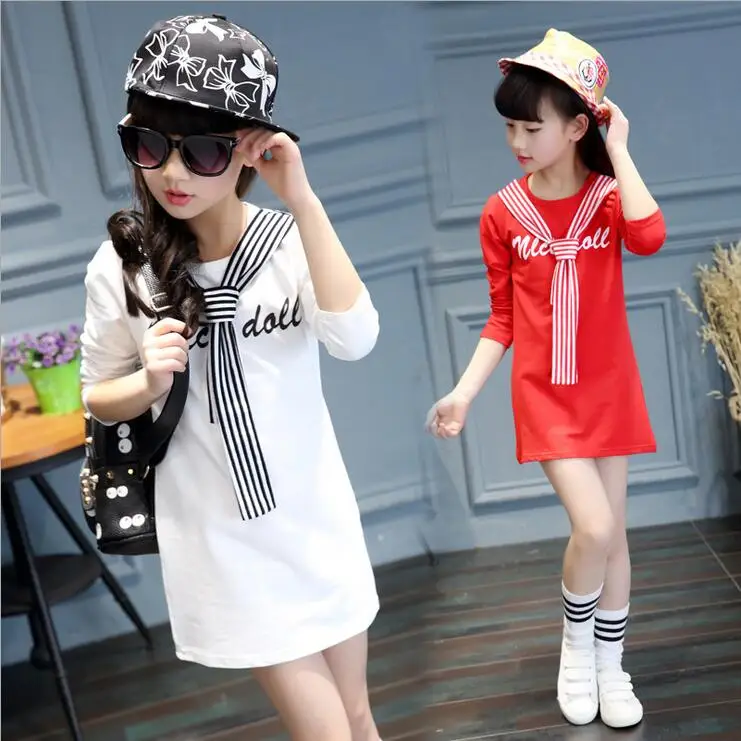 

Girls Striped Dress Full-Sleeved O-neck Collar Children Long Blouses Spliced Letter Printed Kids Clothes 2017 New Autumn T210