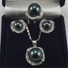 Очень шикарный тренд ювелирные изделия с королевой 10 мм и 14 мм черное ожерелье серьги кольцо набор серебряные женские свадебные