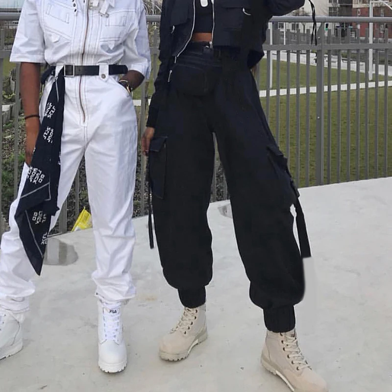 Tanie Sweetown Plus rozmiar Harajuku Cargo spodnie damskie czarne wysokiej talii Pantalon Bomber Femme Street Style damskie spodnie dresowe do biegania